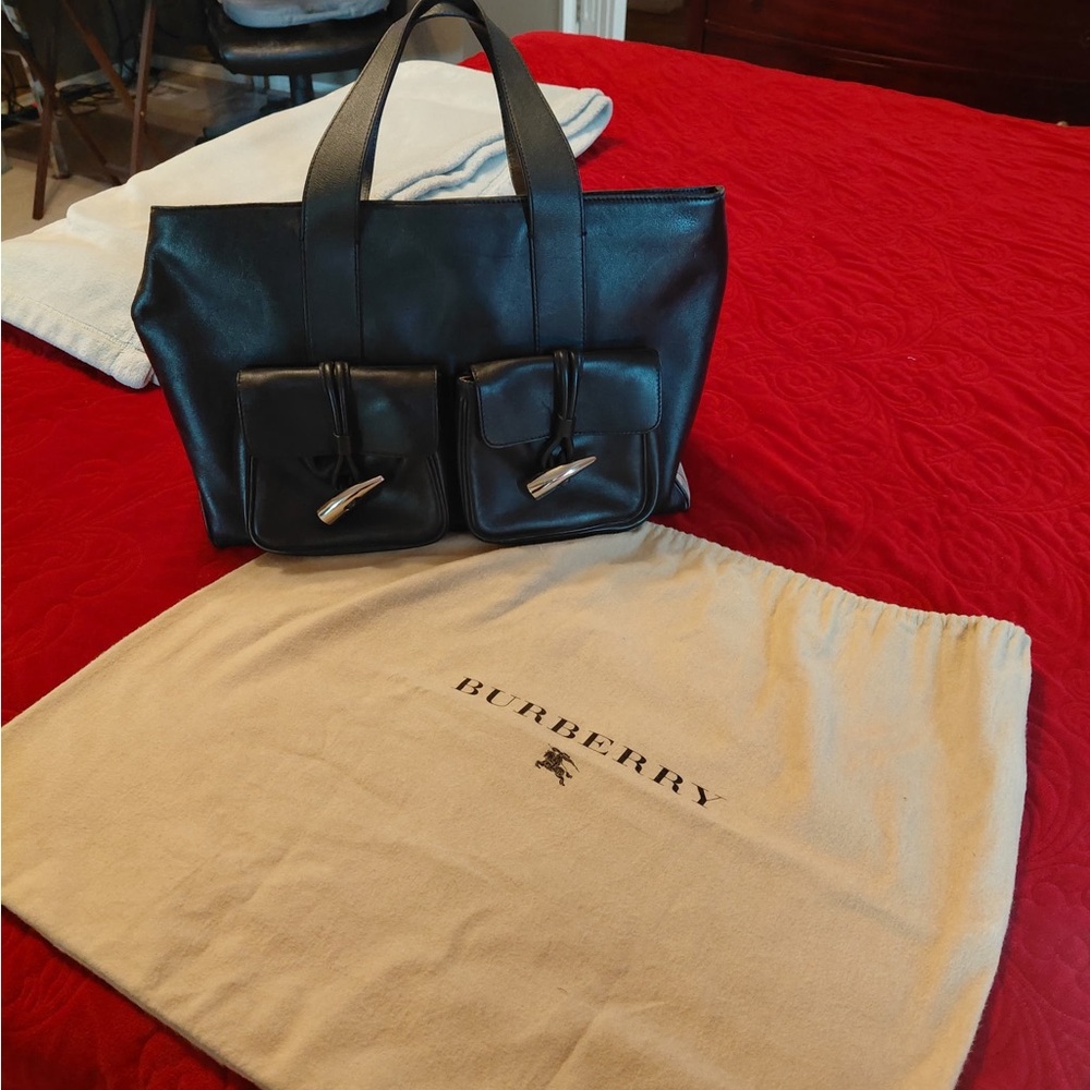 Burberry Black Leather Tote with Dual Pockets